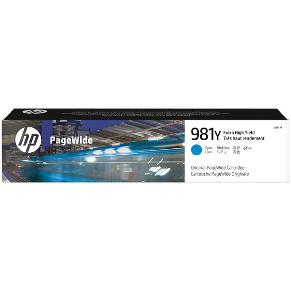 A rectangular box with a blue and white label for an HP L0R13A Cyan Extra High Yield Original PageWide Printer Ink Cartridge.