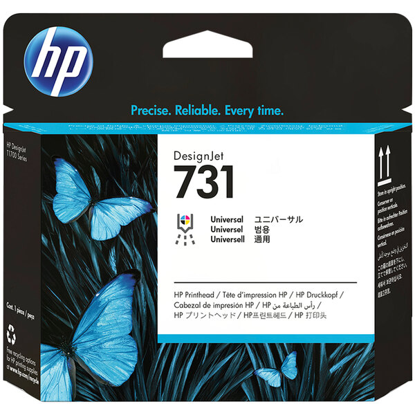 The white box for HP P2V27A DesignJet Printhead with blue butterflies on it.
