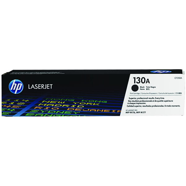 A black and white box for an HP LaserJet printer toner cartridge with a white label.