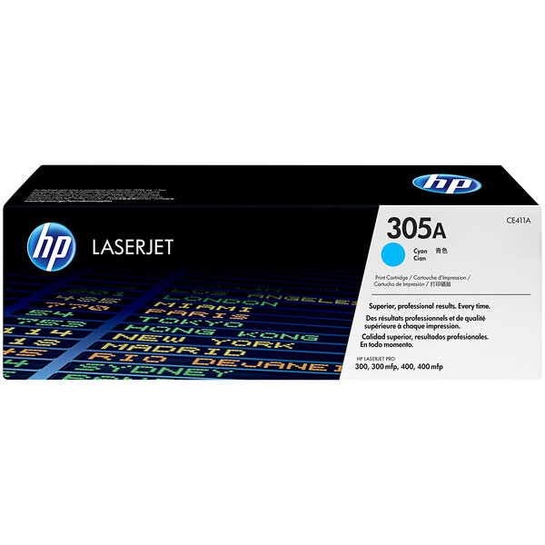 A black and blue box for an HP CE411A Cyan LaserJet toner cartridge.