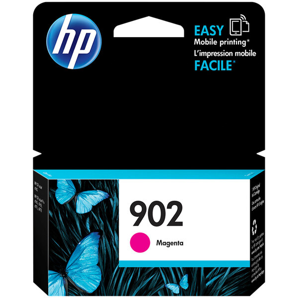 A black box with a white label and blue HP logo for an HP 902 Magenta ink cartridge.