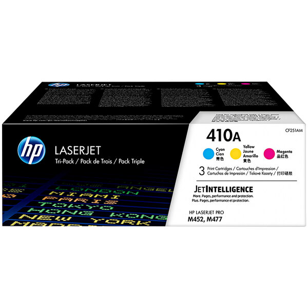 A black box with yellow and blue text reading "HP 410A 3-Pack Cyan, Yellow and Magenta Laser Toner Cartridges".