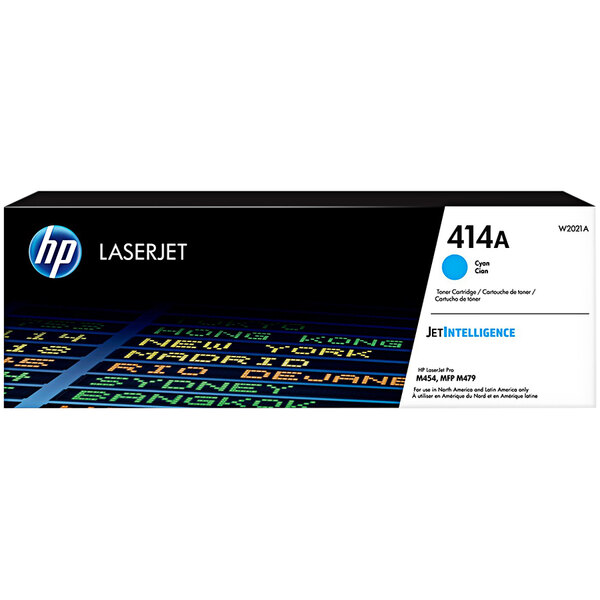 A black HP printer toner cartridge box with blue text and letters on it.