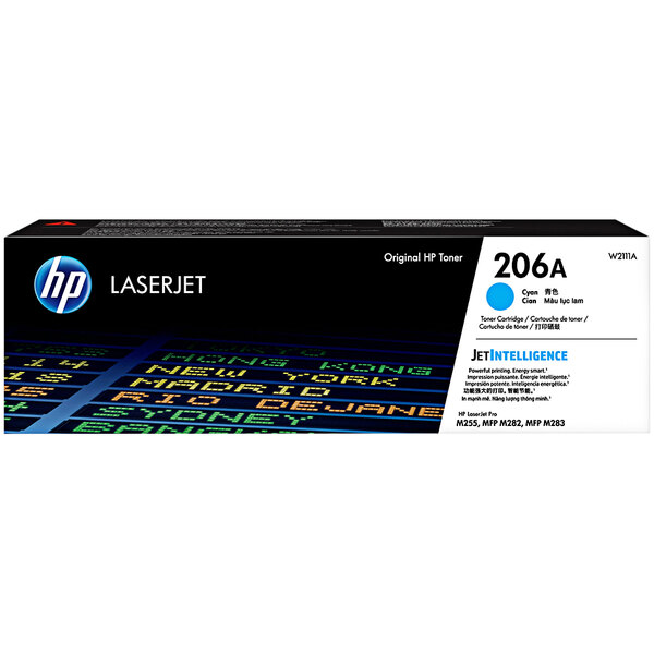 A black and blue HP printer toner cartridge box with text on it.