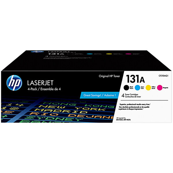 A black box of HP CF210A toner cartridges with black, blue, and yellow labels.