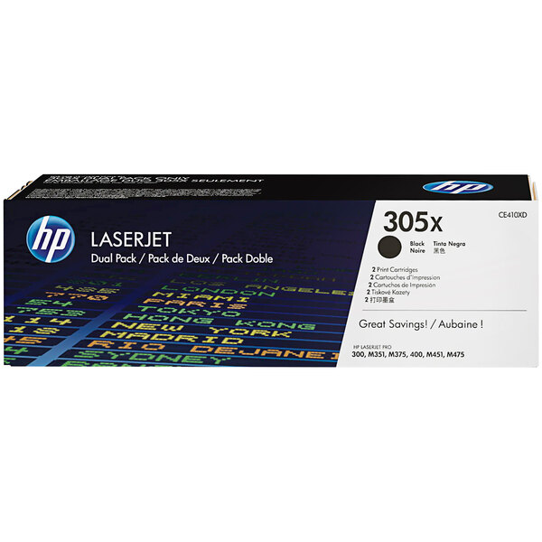 A black and white box with the text "HP CE410XD Black High Yield Original LaserJet Printer Toner Cartridge" and images of printers.