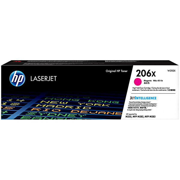 A black box with pink and yellow text for "HP W2113X Magenta High Yield Original LaserJet Printer Toner Cartridge"