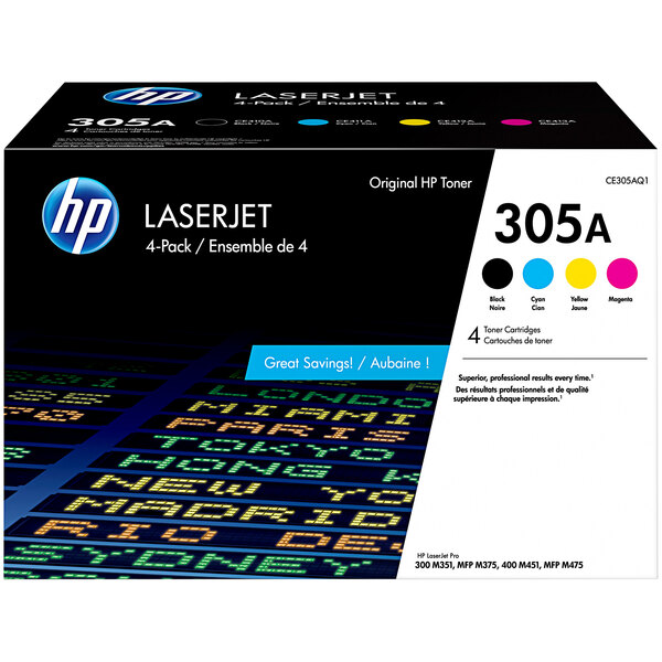 A black box of HP CE305A 4 pack color LaserJet toner cartridges with a white label.