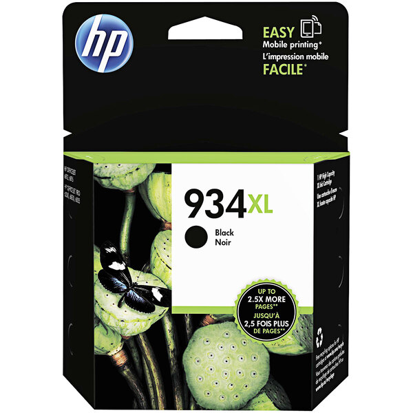 A box of HP 934XL black high yield printer ink cartridges.