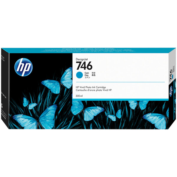 The blue and white box of HP P2V80A Cyan inkjet cartridges.