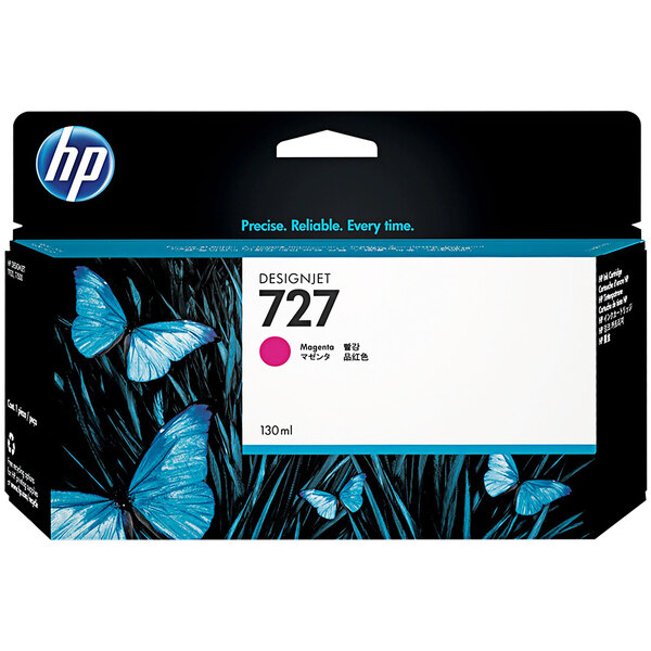A white and black box for an HP 727 Magenta ink cartridge with blue and pink butterflies.