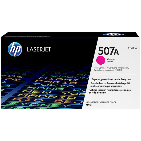 A black box with a white label and pink text reading "HP 551A Magenta"