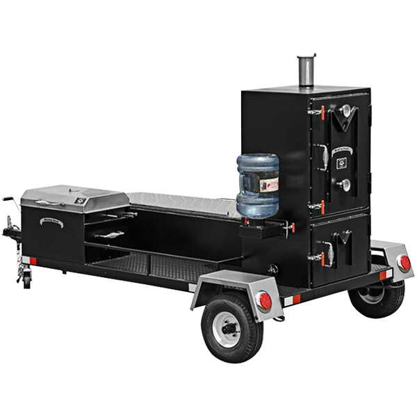 A black and silver Meadow Creek box smoker with a water tank on it.