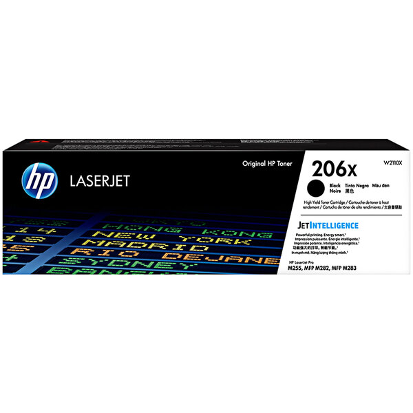 A black HP toner cartridge box with text on it.