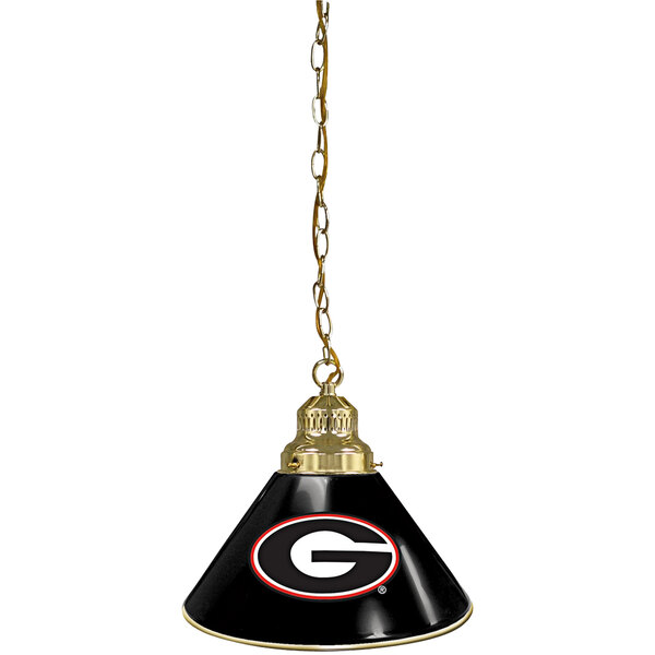 A black and gold Holland Bar Stool pendant light with University of Georgia logo in red and white.