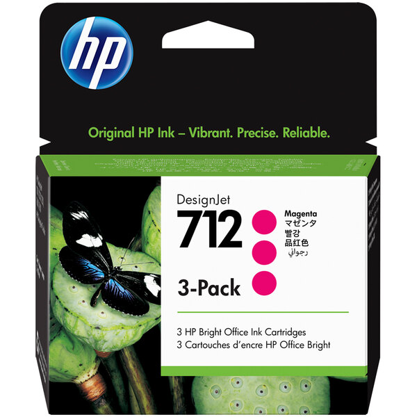 A box of HP magenta ink cartridges.