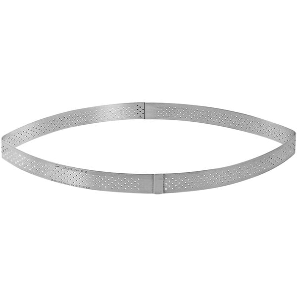 A de Buyer stainless steel oval tart ring with perforations.