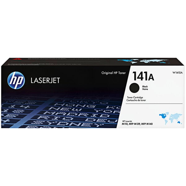 A close-up of a HP black LaserJet toner cartridge.