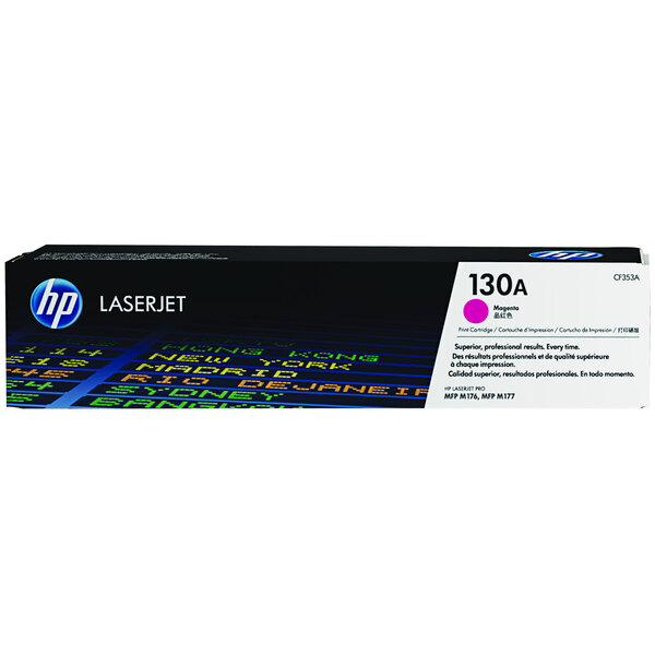 A black and white box with a close-up of a purple label reading "HP CF353A Magenta" on a white background.