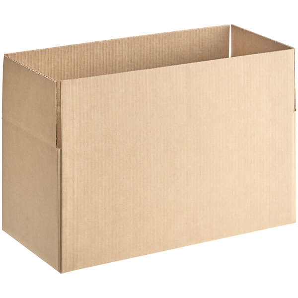 A Lavex cardboard shipping box with a lid open.