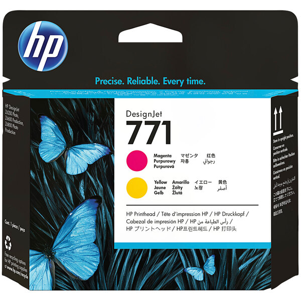 A black box with HP 771 yellow and magenta ink cartridges.