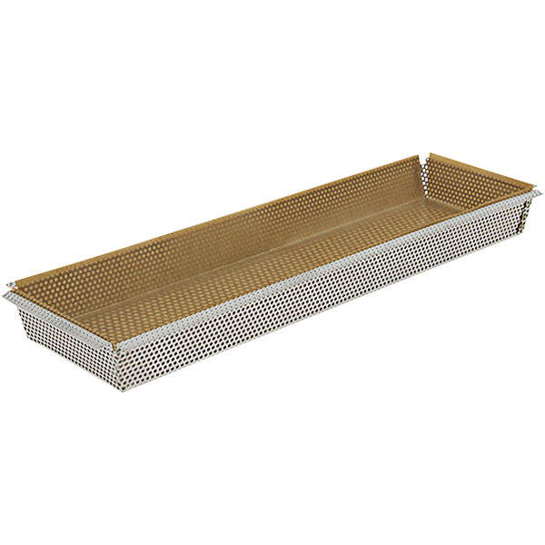 A rectangular metal tart mold with a perforated bottom.