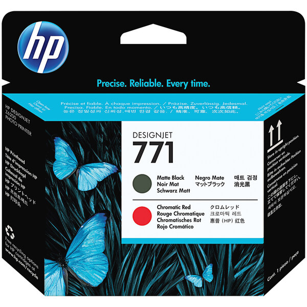 A box of HP DesignJet printer ink cartridges in matte black and red with black and red labels.