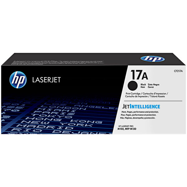 A black and white box with blue text reading "HP CF217A Black Original LaserJet Printer Toner Cartridge"