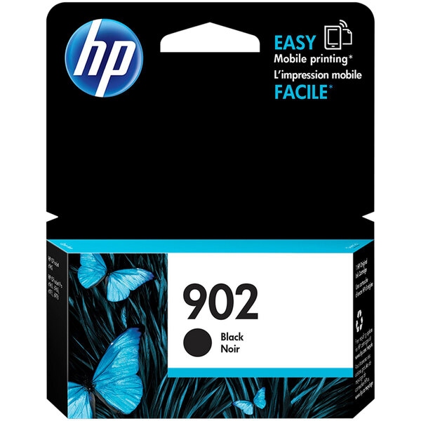 A black box with blue HP logo and text reading "HP 902 Black" and "Original Ink Cartridge" with a blue butterfly.