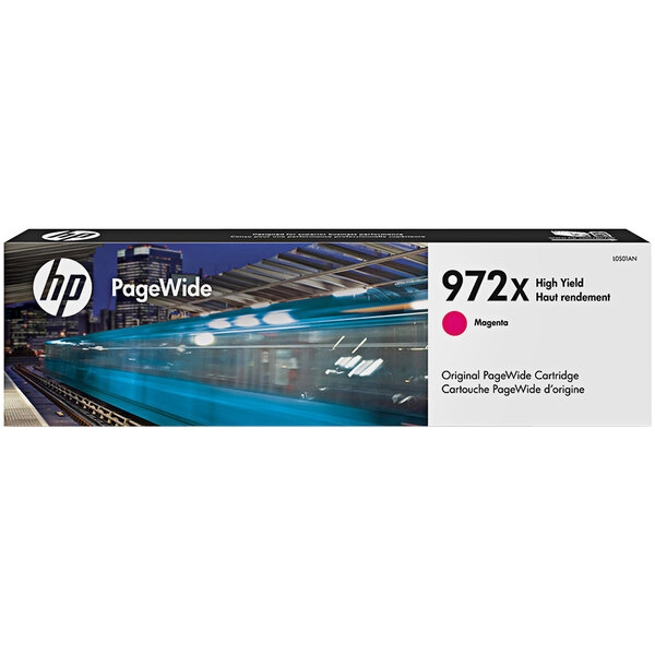 A box of HP Magenta PageWide printer ink cartridges.