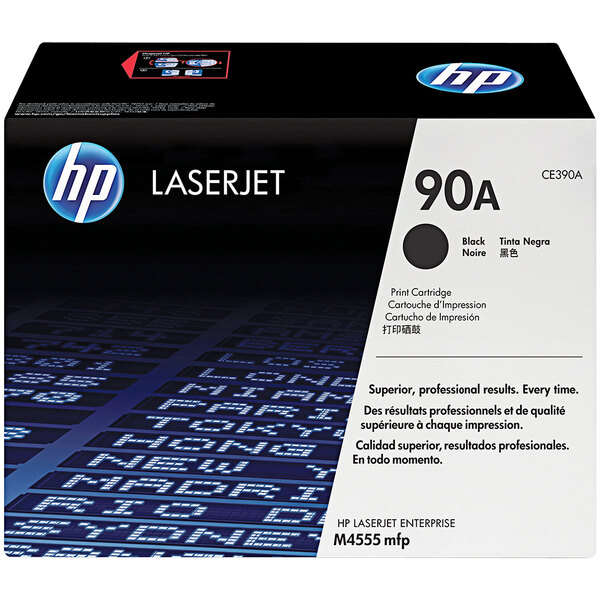 A black HP CE390A toner cartridge box with white and blue text.