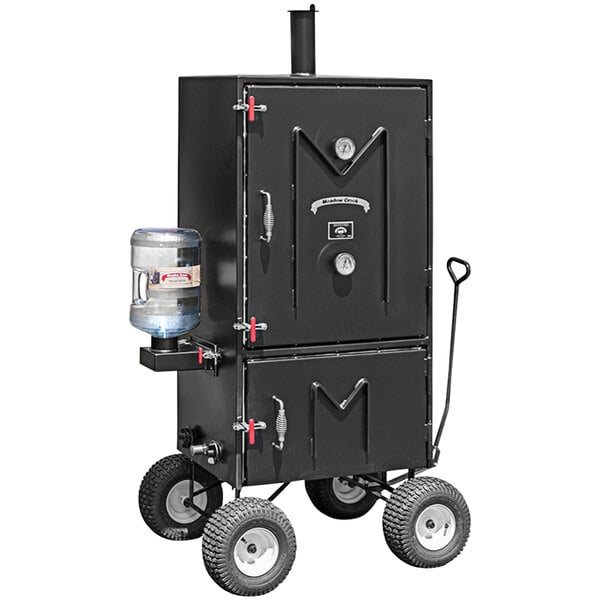 A large black Meadow Creek box smoker with wheels.