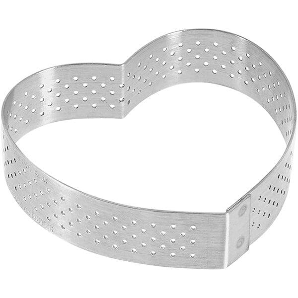 A stainless steel heart-shaped metal tart ring.