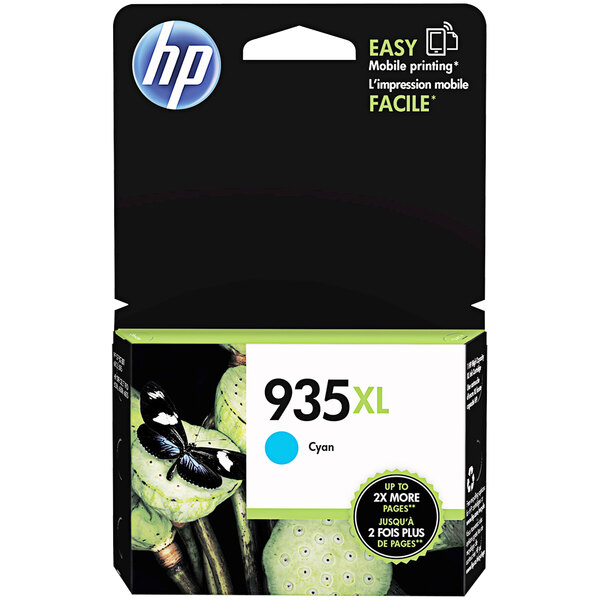 A box of HP C2P24AN#140 Cyan high yield ink cartridges on a green surface.