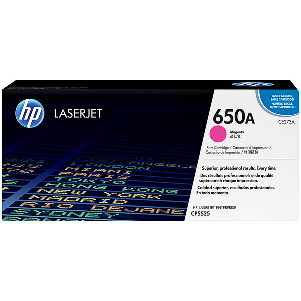 A rectangular black and white HP toner cartridge box with a pink label that reads "HP 651A Magenta" and "LaserJet" in white.