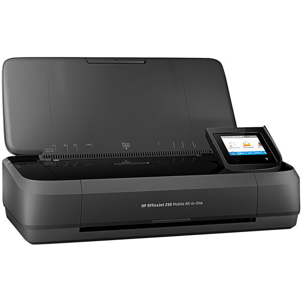 An HP OfficeJet 250 All-In-One Wireless Color Printer with a touchscreen.