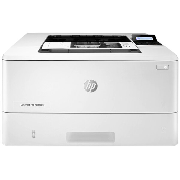 A white HP LaserJet Pro M404DW printer with a black screen.