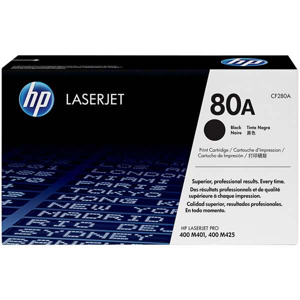 A black and white box for an HP CF280A Black LaserJet Toner Cartridge with text and numbers.