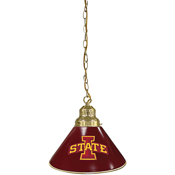 A Holland Bar Stool Iowa State University logo pendant light with brass finish hanging from a chain.