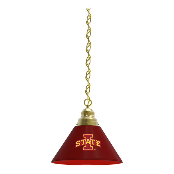A brass pendant light with a red lamp shade featuring the Iowa State University logo.
