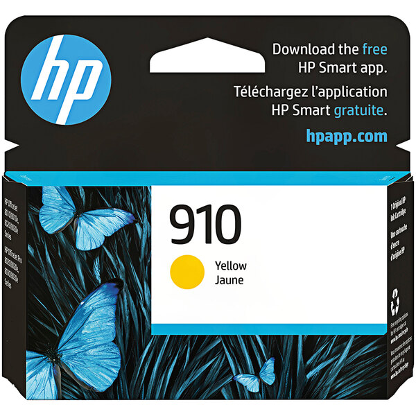 A package of HP 910 yellow printer ink cartridges.
