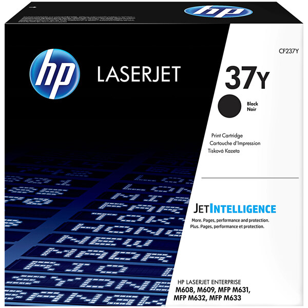 A black and white HP printer toner box with blue text.