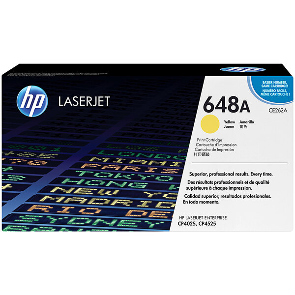 A black HP box with yellow and blue text for a HP CE262A Yellow LaserJet toner cartridge.