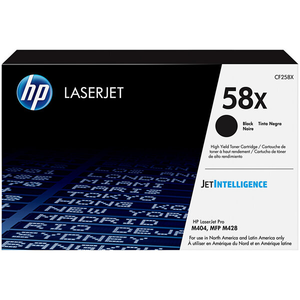 A black and white box for an HP CF258X black LaserJet toner cartridge with text and numbers.