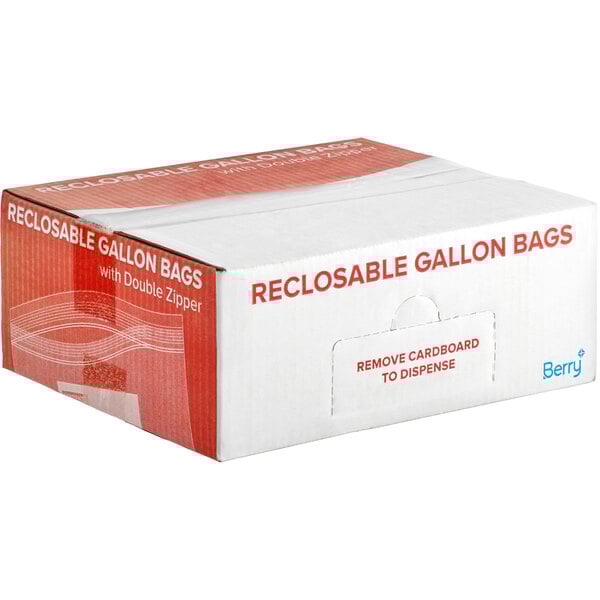 A white and red box of Berry gallon storage bags with a reclosable white and red bag inside.