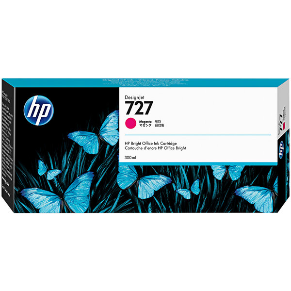 The white and magenta label on a box of HP DesignJet printer ink cartridges.