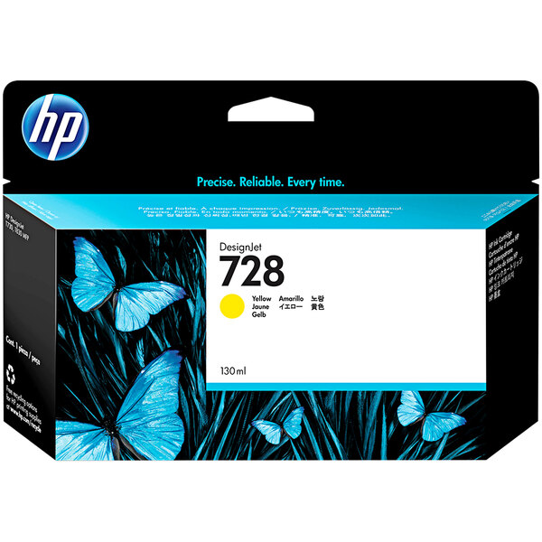 A yellow box of HP DesignJet printer ink cartridge with a blue butterfly.