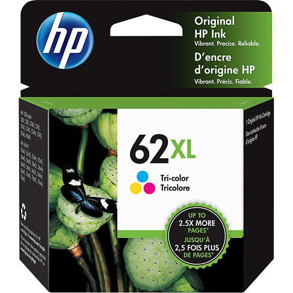 A box of HP Cyan, Magenta, and Yellow printer toner cartridges on a white background.