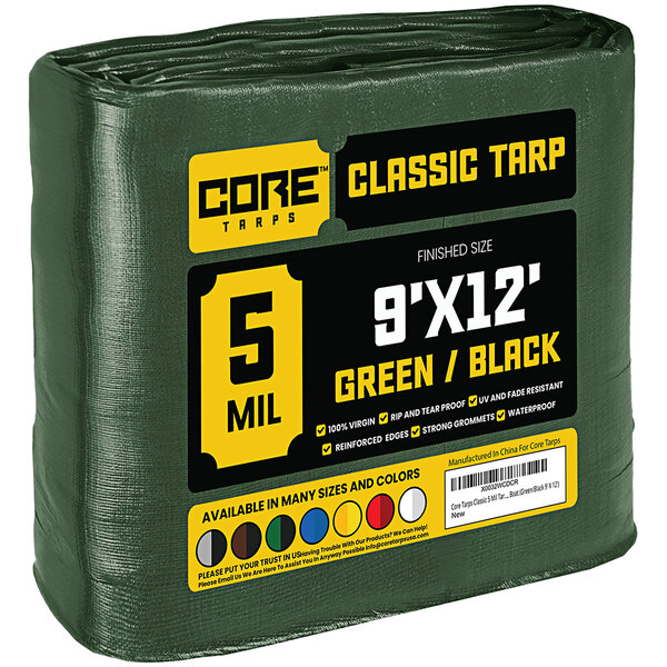 A green Core Classic 9' x 12' poly tarp in plastic packaging.