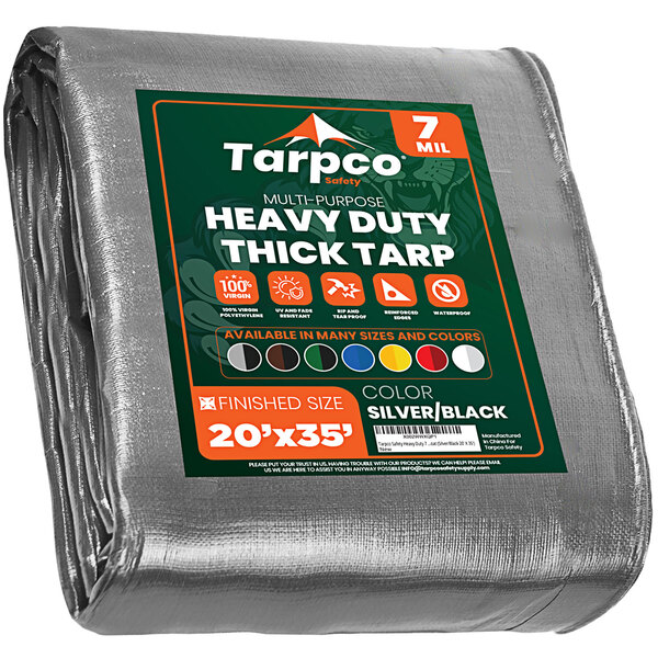 A large silver and black Tarpco heavy-duty poly tarp with reinforced edges.